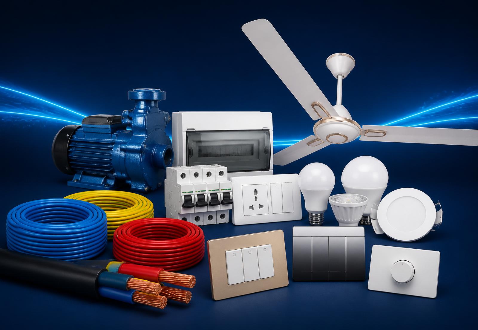 Range of electrical products — pumps, switches, wires, fans and lighting